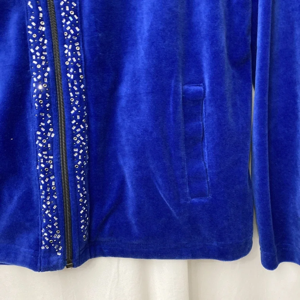 Onque Casual Women's Blue Velour Rhinestone Zip‎ Front Track Jacket - SZ XL